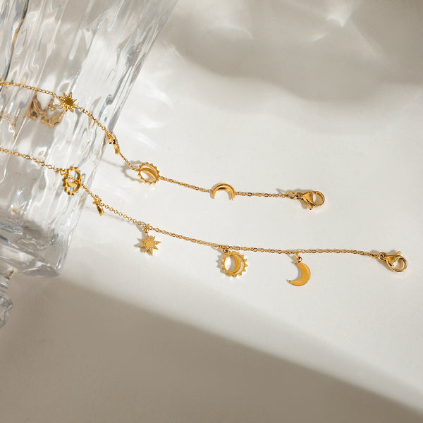 Moon & Star Charm Bracelet – 18K Gold-Plated Waterproof Jewelry