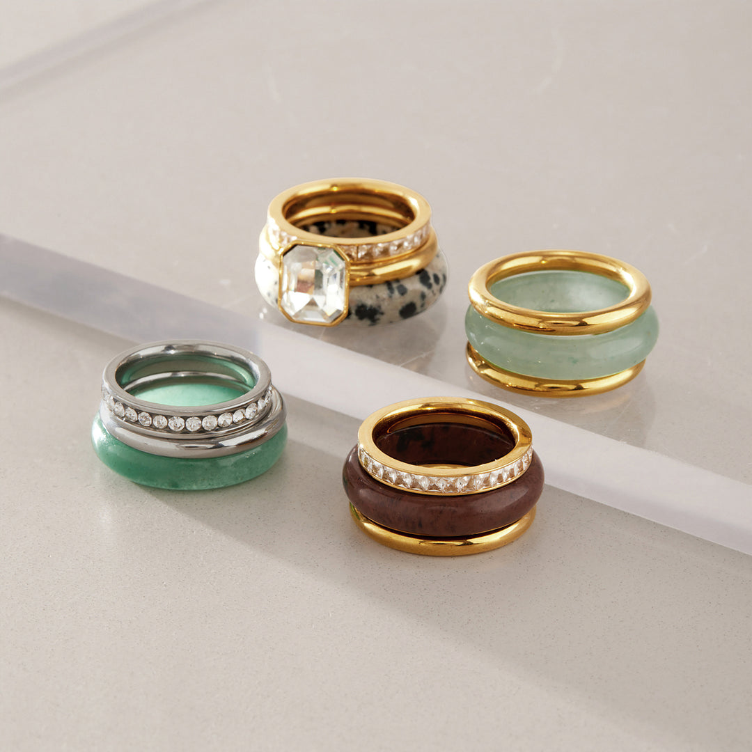 Amara Natural Stone Stacking Ring Set – 18K Gold-Plated