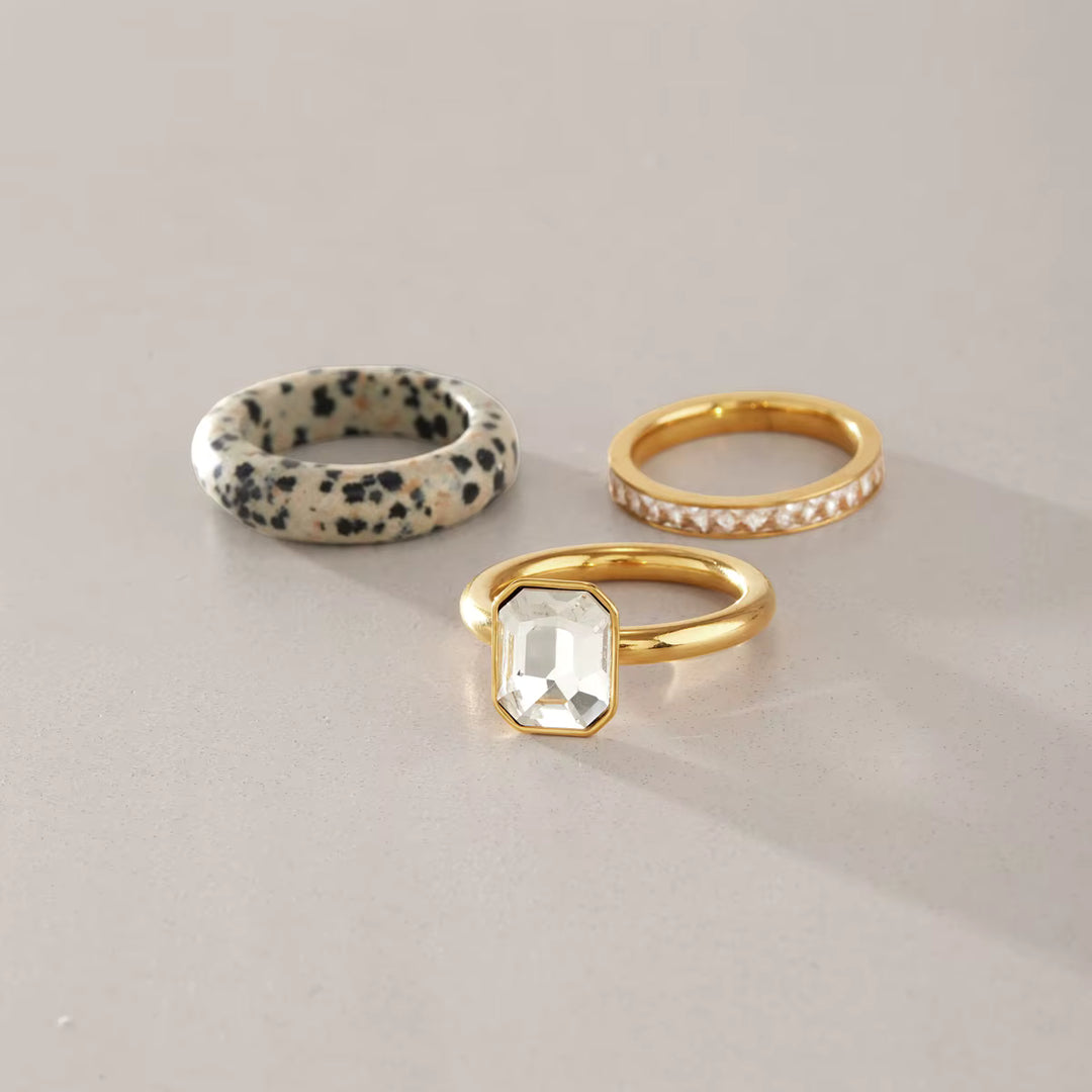 Amara Natural Stone Stacking Ring Set – 18K Gold-Plated