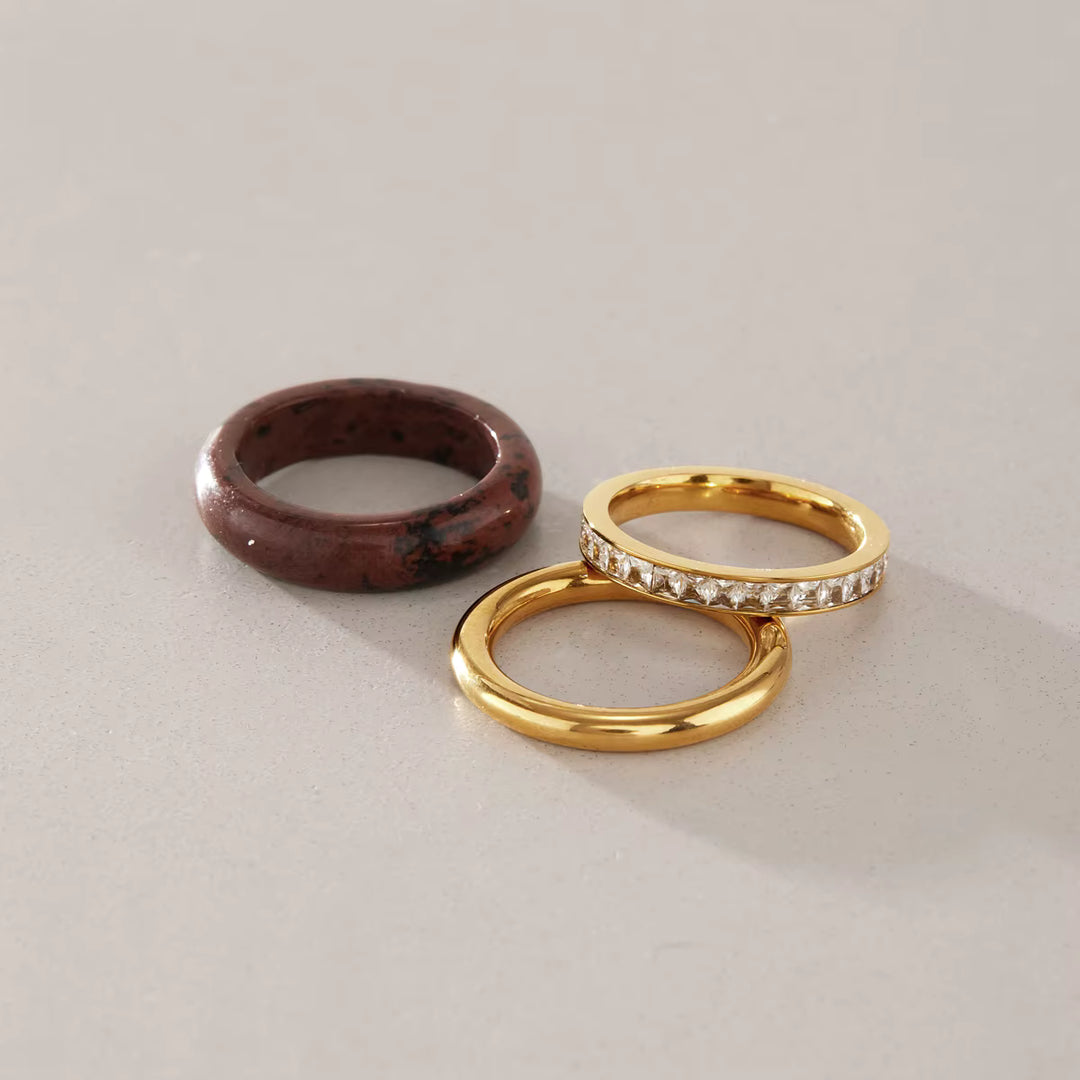 Amara Natural Stone Stacking Ring Set – 18K Gold-Plated