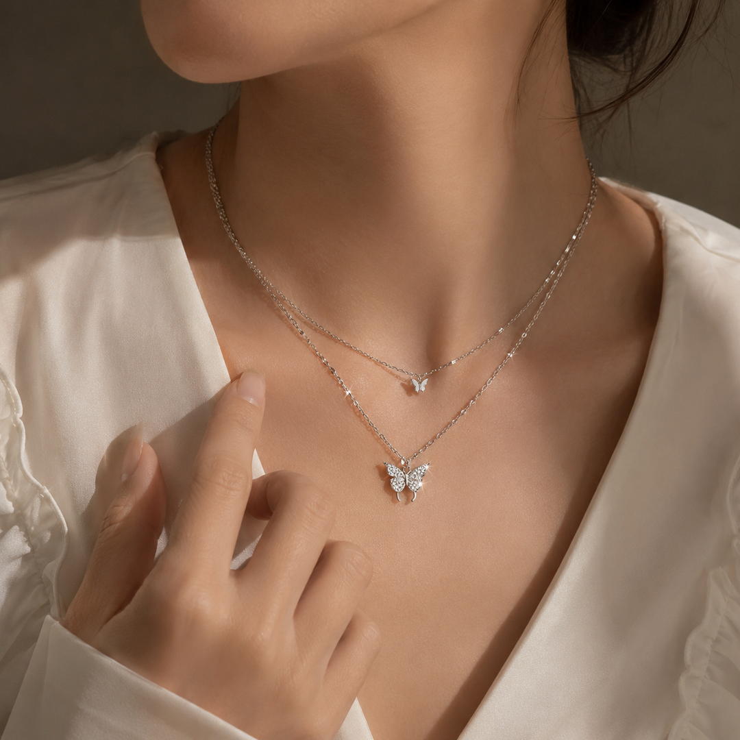 Nour Double Layer Butterfly Necklace – 925 Sterling Silver