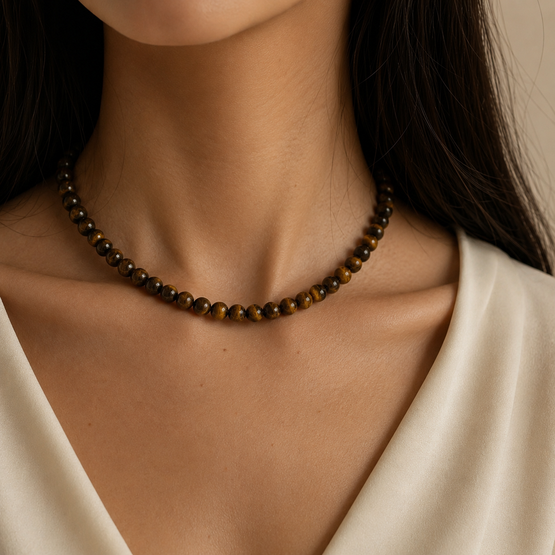 Zoé Natural Tiger Eye Bead Necklace – Gold-Plated