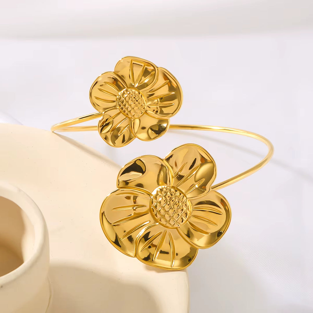 Florence Flower Open Bangle Bracelet - 18K Gold-Plated