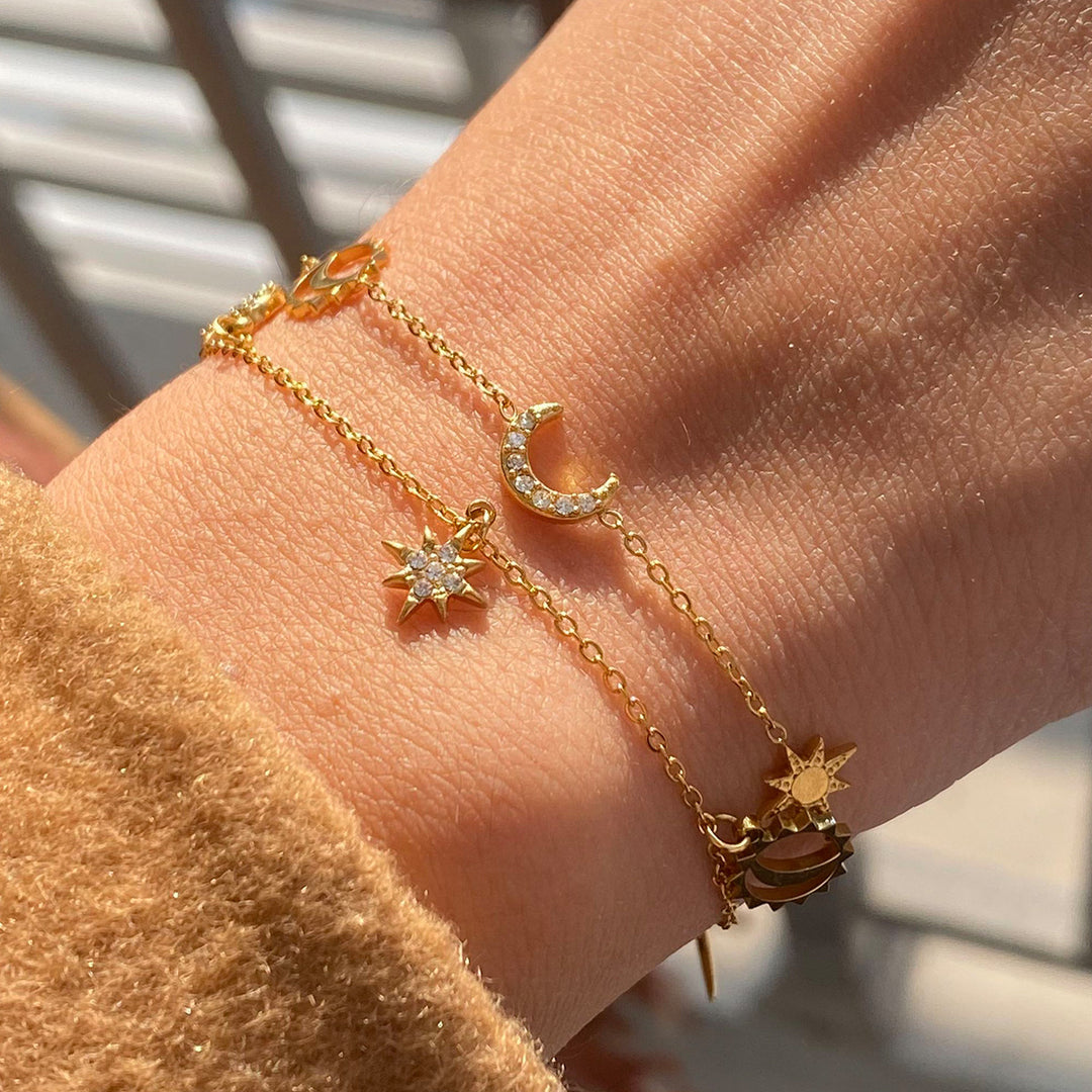 Aurora Moon & Star Charm Bracelet Waterproof   – 18K Gold-Plated