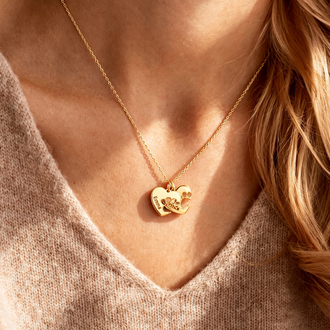 Eudora Personalized Engraved Heart & Paw Necklace – 18K Gold-Plated