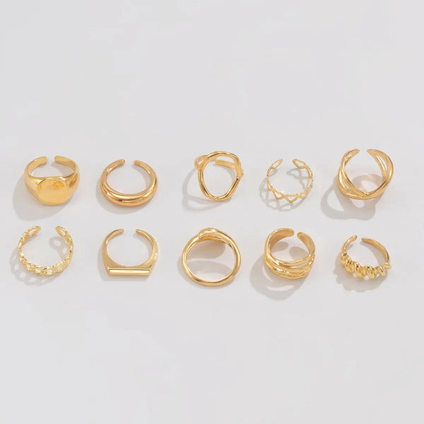 Jade 10-Piece Geometric Ring Set – 18K Gold-Plated & Silver