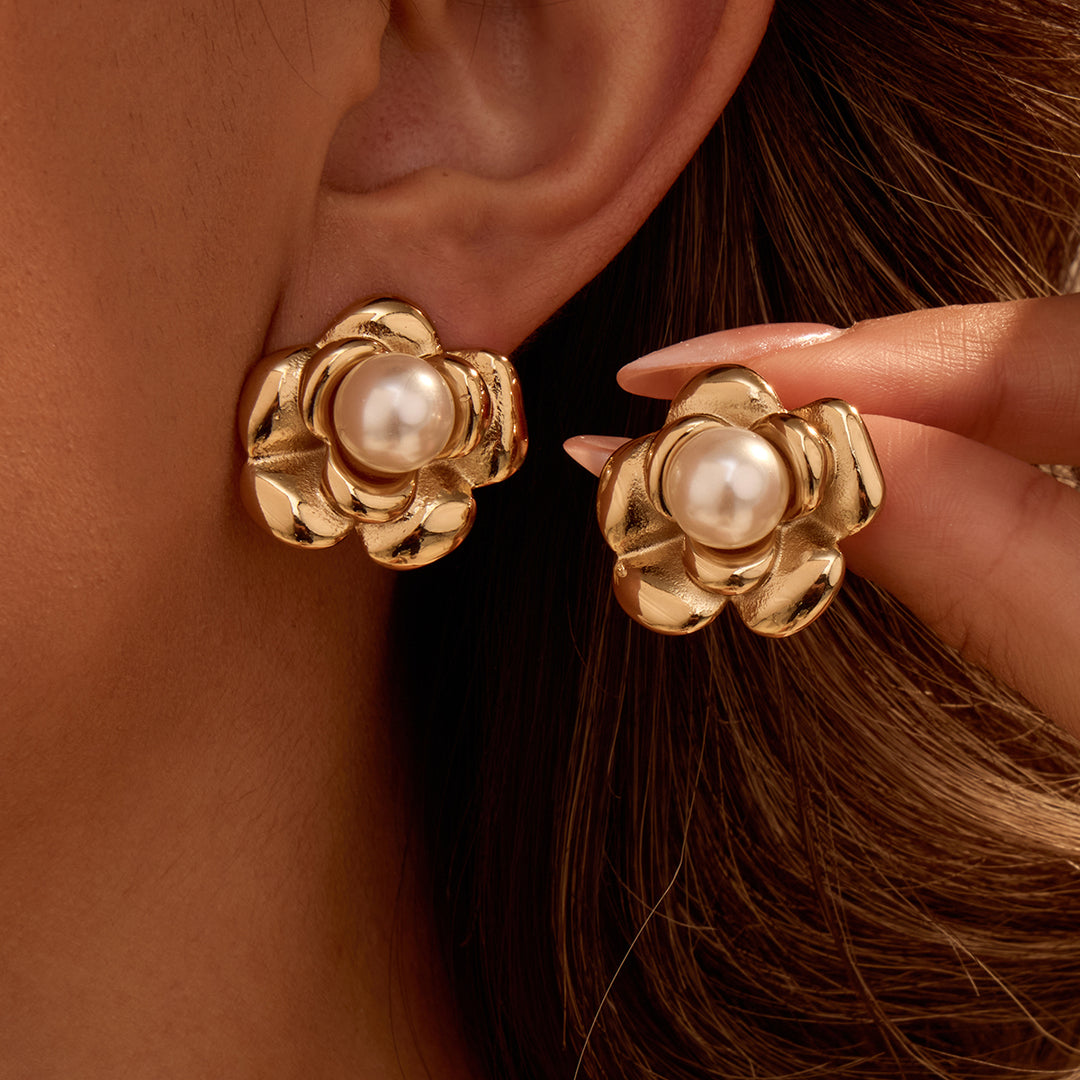Roselle Rose Pearl Drop Earrings -18K Gold-Plated