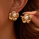 Load image into Gallery viewer, Roselle Rose Pearl Drop Earrings -18K Gold-Plated

