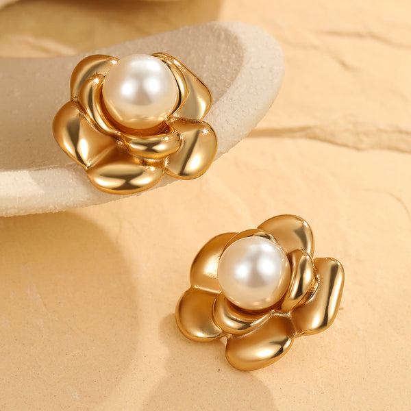 Roselle Rose Pearl Drop Earrings -18K Gold-Plated