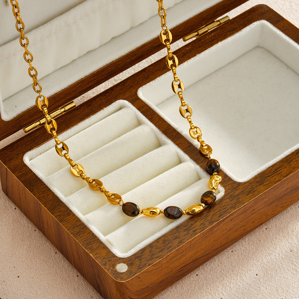 Sabine Natural Stone Beaded Choker Waterproof Necklace – Gold-Tone Stainless Steel