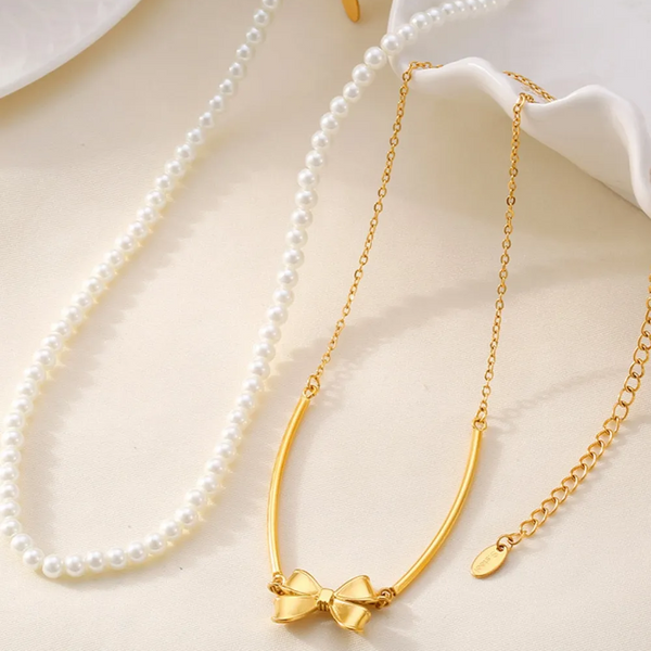 3 Piece Pearl Necklace, Bow Necklace and Stud Earrings Jewelry Set
