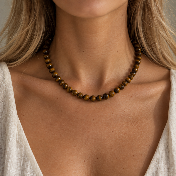Zoé Natural Tiger Eye Bead Necklace – Gold-Plated