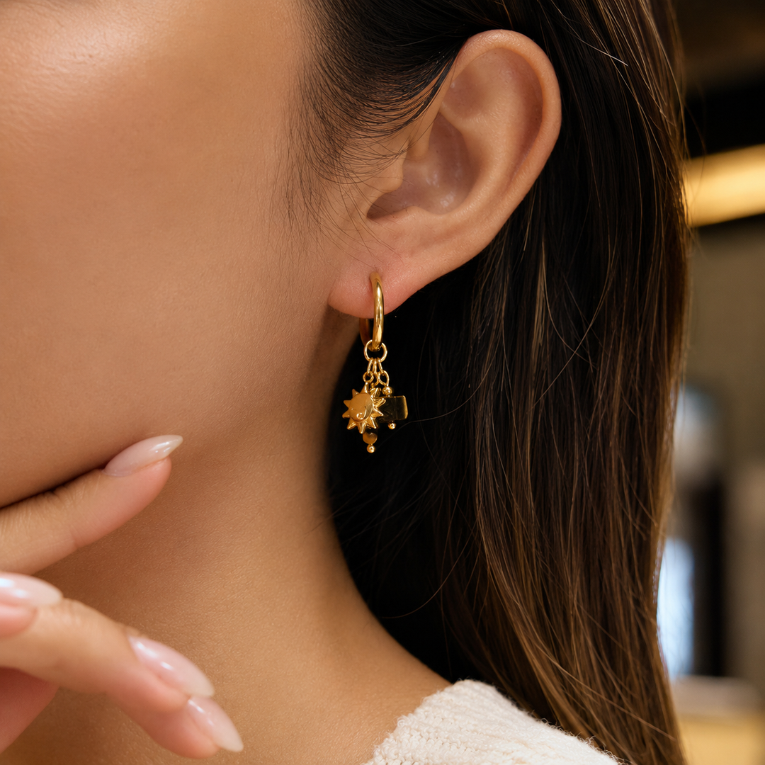 Joe Tiger Eye Sun & Moon Hoop Earrings – 18K Gold-Plated